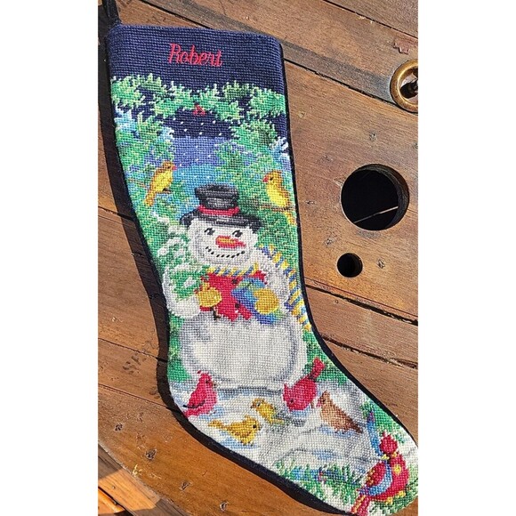 Lands' End Needlepoint Christmas Stocking ROBERT Snowman Wool Discontinued C3 - Picture 2 of 10